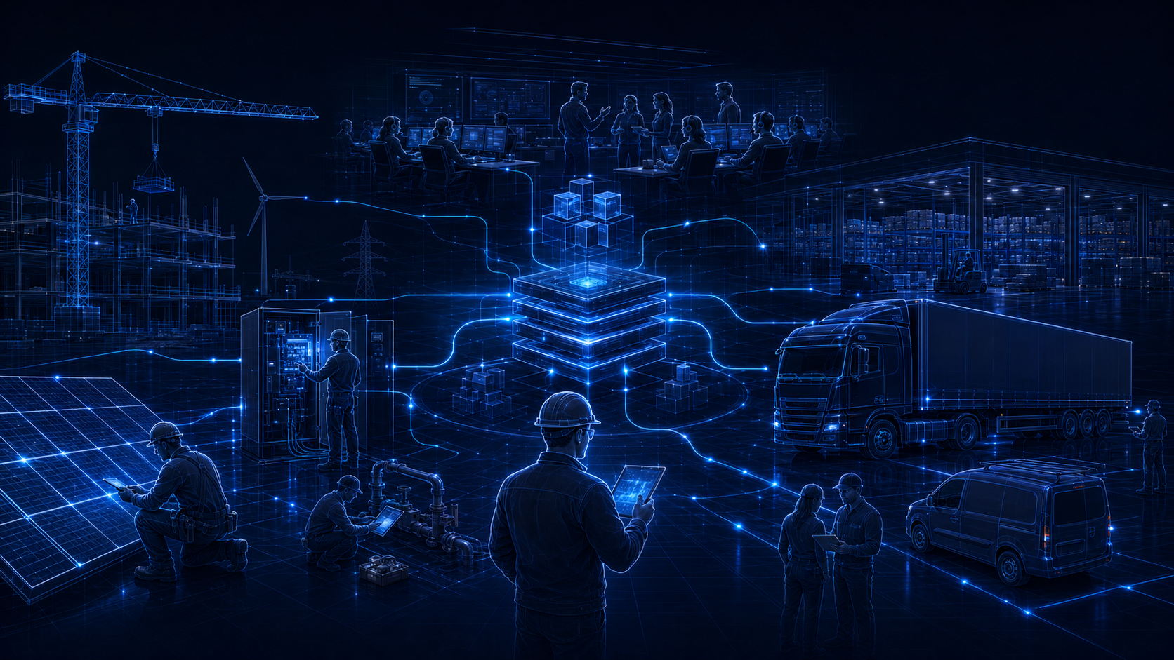 Techniczna ilustracja ekosystemu Averno łączącego obsługę klienta, zespoły, budownictwo, energetykę, instalacje, serwis i transport
